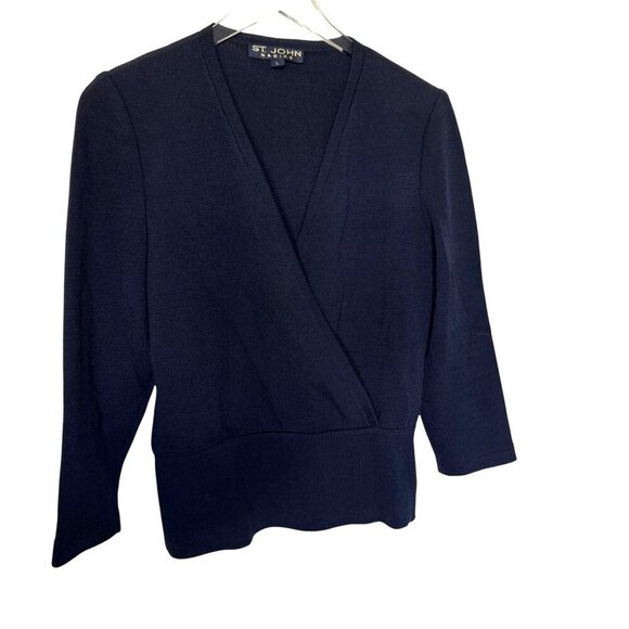 St. John Basics Navy Blue Santana Knit Mock Wrap long sleeve top size Large - Picture 2 of 6